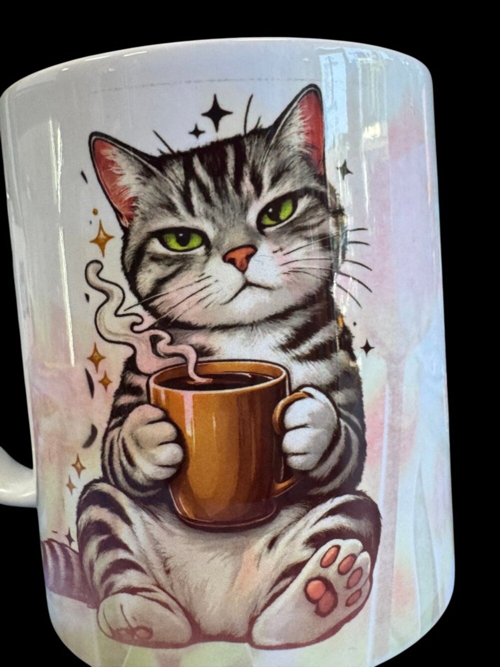 Mug with Cat Spilling Coffee and Colorful Tiger Design, White Ceramic mug 12 oz